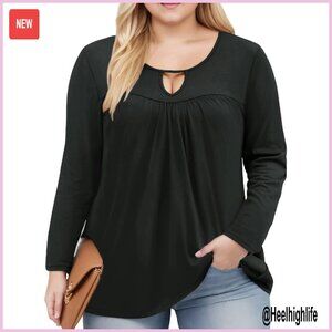 Plus Size Long Sleeve Tunic Blouse Keyhole Crewneck Pleated Flowy